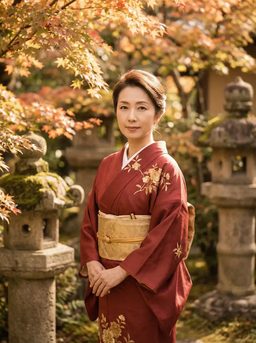 一位身穿暗红色和服的优雅 彩神通app 在日式庭院中