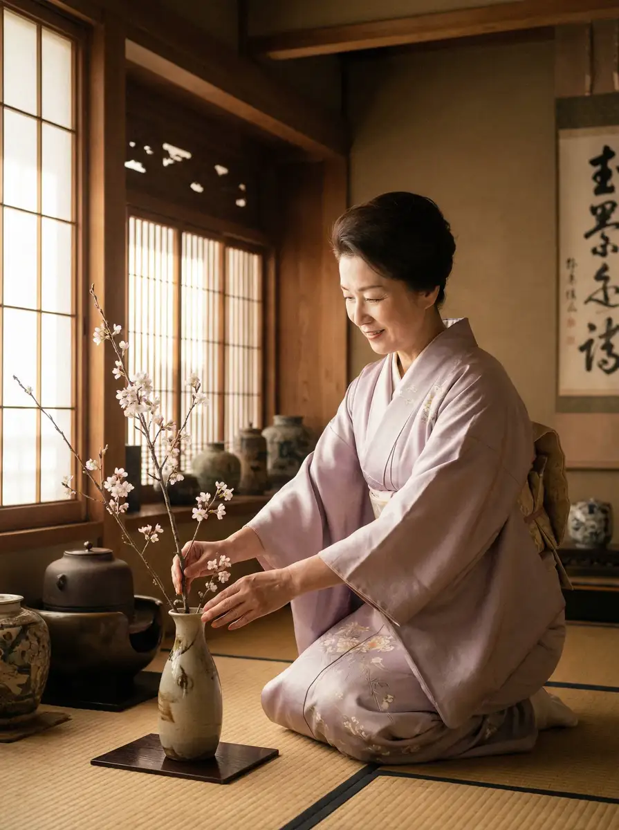 一位优雅的 彩神通app 在和室中插花